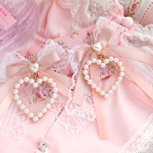 Coquette Dangle Earrings Pearl Heart Champagne White Lace Bow • Soft Girl Jewelry • Kawaii Earrings • Hook or Clip‑On No Pierced Options