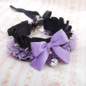 Lilac Spiked Lilac Lace Bow Choker • Kitten Play Collar with Bell Goth