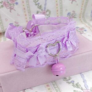 Lilac Purple Lace heart Kitten Play Collar Choker with a bell , kawaii pastel