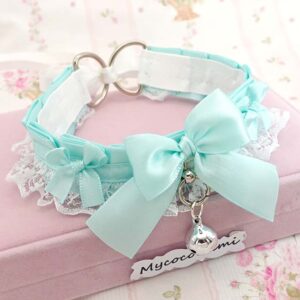 Pastel Mint Green Kitten Play Collar – White Lace Bow Choker with Bell, Kawaii Cosplay Accessory