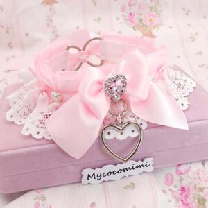 Angelic Baby Pink Kitten Play Collar White Lace Ruffles Rhinestone Heart Pendant, coquette princess