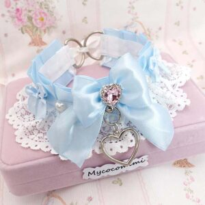 Angelic Baby Blue Kitten Play Collar White Lace Ruffles Rhinestone Heart Pendant, coquette princess