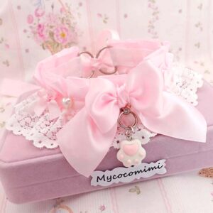 Little Paw Baby Pink Kitten Play Collar • White Lace Bow Choker • Kawaii Coquette Lace Necklace