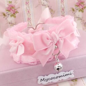 Pink Velvet Bow Kitten Play Collar • Lace Choker with Bell • Kawaii Neko Girl DDLG