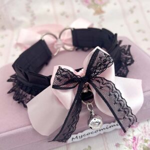 Black Lace Kitten Play Collar Baby Pink Bow Choker with Bell – Gothic