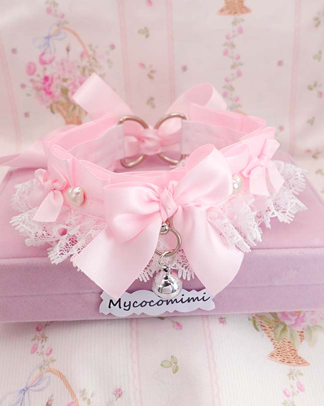 Baby Pink Kitten Play Collar Pearl Heart • White Lace Ruffles Bow Choker • Kawaii Coquette Necklace - Image 4