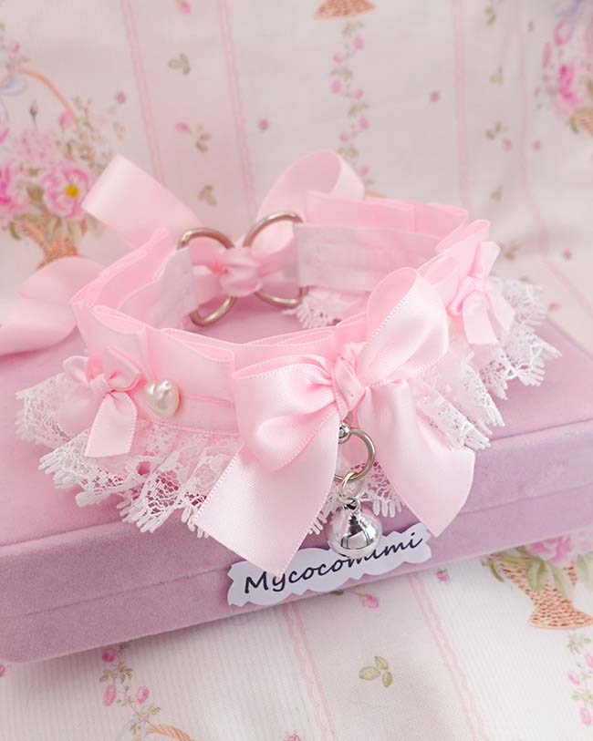 Baby Pink Kitten Play Collar Pearl Heart • White Lace Ruffles Bow Choker • Kawaii Coquette Necklace - Image 2