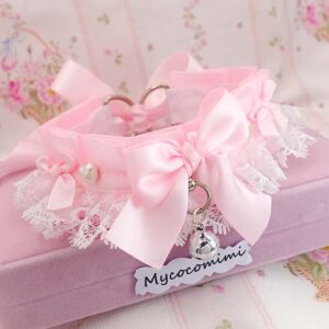 Baby Pink Kitten Play Collar Pearl Heart • White Lace Ruffles Bow Choker • Kawaii Coquette Necklace