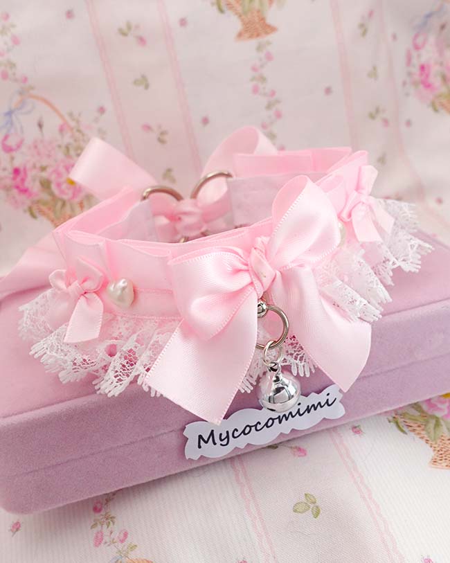 Baby Pink Kitten Play Collar Pearl Heart • White Lace Ruffles Bow Choker • Kawaii Coquette Necklace