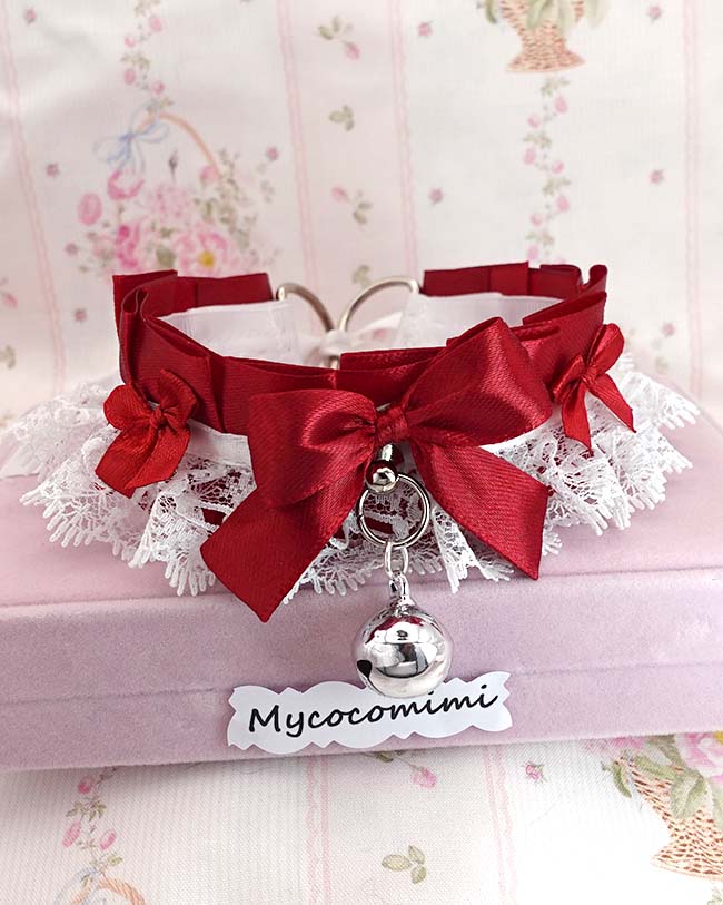 Red Kitten Play Collar Choker • White Lace Bow Bell Necklace • Kawaii Neko Coquette Gift - Image 3