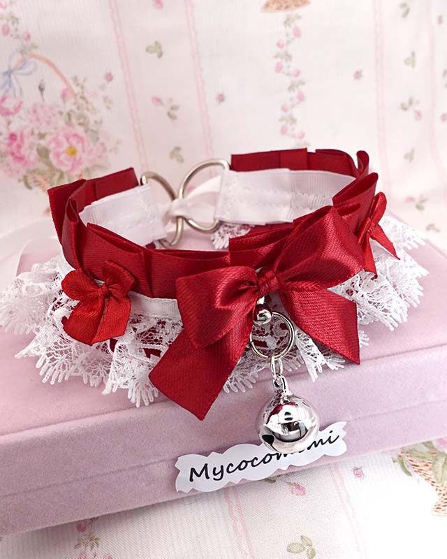 Red Kitten Play Collar Choker • White Lace Bow Bell Necklace • Kawaii Neko Coquette Gift - Image 4