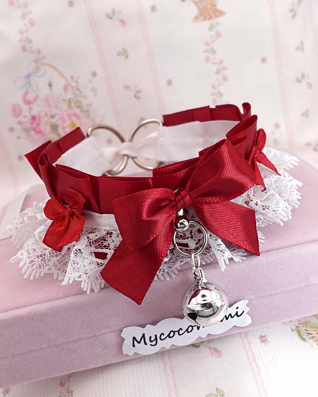 Red Kitten Play Collar Choker • White Lace Bow Bell Necklace • Kawaii Neko Coquette Gift - Image 5