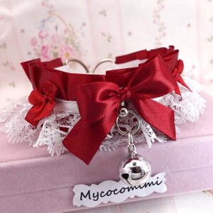 Red Kitten Play Collar Choker • White Lace Bow Bell Necklace • Kawaii Neko Coquette Gift