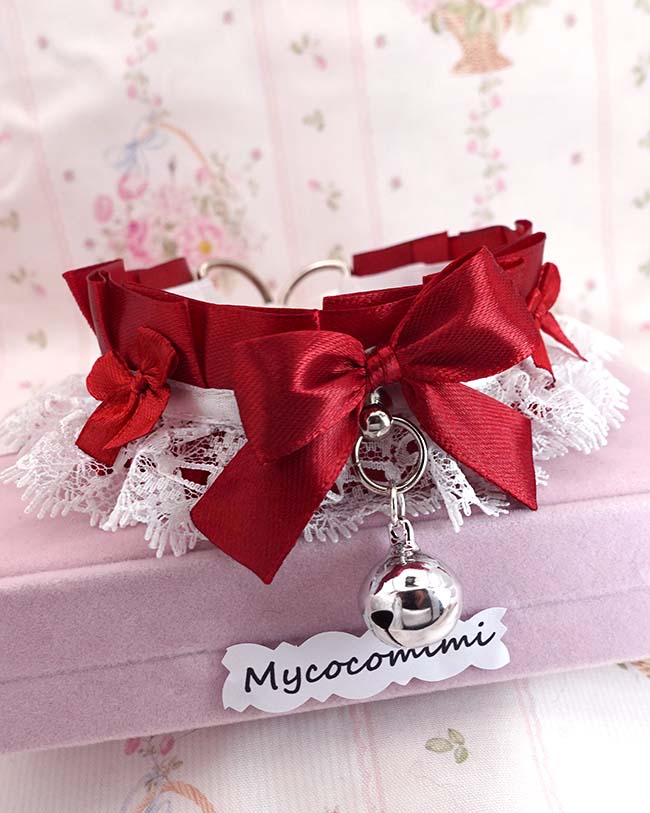 Red Kitten Play Collar Choker • White Lace Bow Bell Necklace • Kawaii Neko Coquette Gift