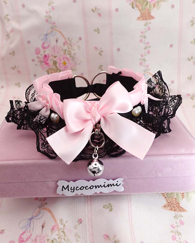 Baby Pink Kitten Play Collar Pearl Heart Bell • Black Lace Ruffles Bow Choker • Pastel Goth Necklace - Image 2