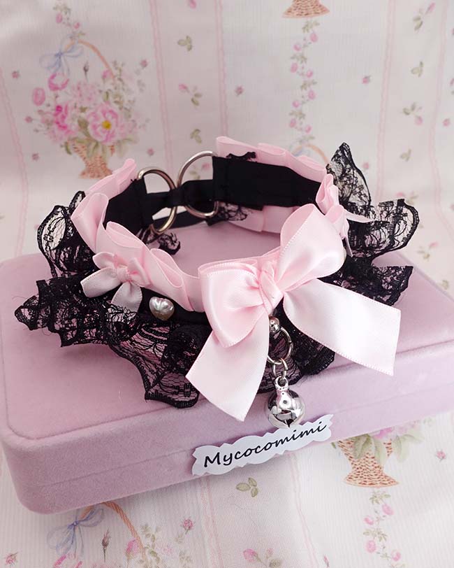 Baby Pink Kitten Play Collar Pearl Heart Bell • Black Lace Ruffles Bow Choker • Pastel Goth Necklace - Image 3