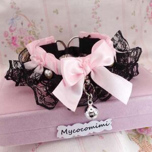 Baby Pink Kitten Play Collar Pearl Heart Bell • Black Lace Ruffles Bow Choker • Pastel Goth Necklace