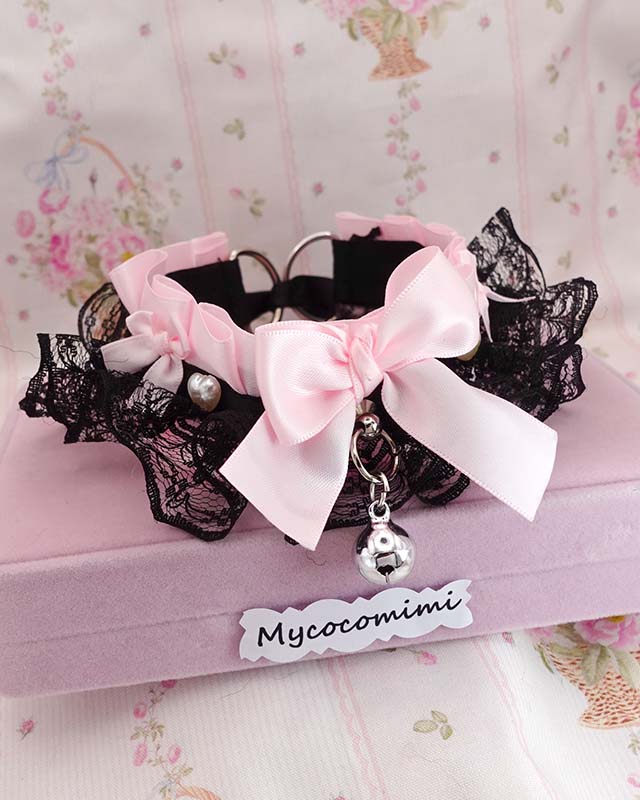 Baby Pink Kitten Play Collar Pearl Heart Bell • Black Lace Ruffles Bow Choker • Pastel Goth Necklace
