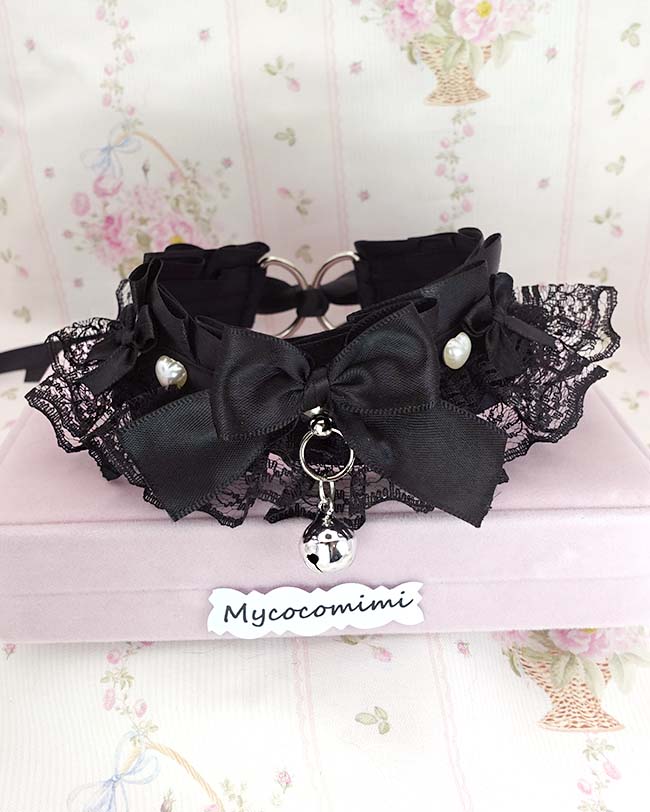 All Black Kitten Play Collar Pearl Heart Bell • Black Lace Ruffles Bow Choker • Kawaii Goth Necklace - Image 3