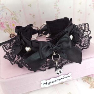 All Black Kitten Play Collar Pearl Heart Bell • Black Lace Ruffles Bow Choker • Kawaii Goth Necklace