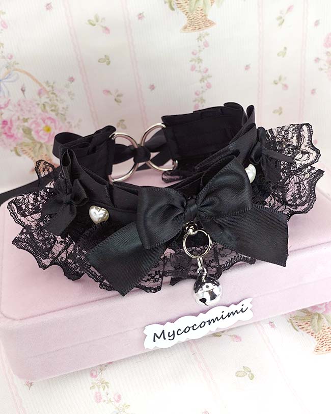 All Black Kitten Play Collar Pearl Heart Bell • Black Lace Ruffles Bow Choker • Kawaii Goth Necklace