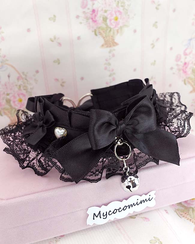 All Black Kitten Play Collar Pearl Heart Bell • Black Lace Ruffles Bow Choker • Kawaii Goth Necklace - Image 2
