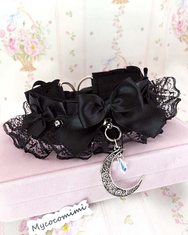 All Black Kitten Play Collar Bling Crescent Moon • Black Lace Ruffles Bow Choker • Whimsy Goth Necklace - Image 3