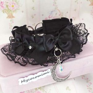 All Black Kitten Play Collar Bling Crescent Moon • Black Lace Ruffles Bow Choker • Whimsy Goth Necklace