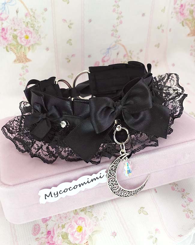 All Black Kitten Play Collar Bling Crescent Moon • Black Lace Ruffles Bow Choker • Whimsy Goth Necklace