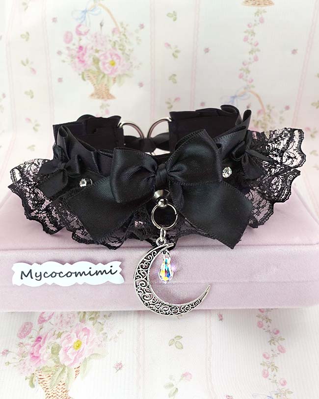 All Black Kitten Play Collar Bling Crescent Moon • Black Lace Ruffles Bow Choker • Whimsy Goth Necklace - Image 5