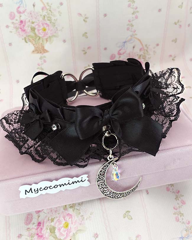 All Black Kitten Play Collar Bling Crescent Moon • Black Lace Ruffles Bow Choker • Whimsy Goth Necklace - Image 2