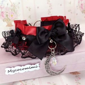Red Kitten Play Collar Bling Crescent Moon • Black Lace Ruffles Bow Choker • Whimsy Goth Necklace