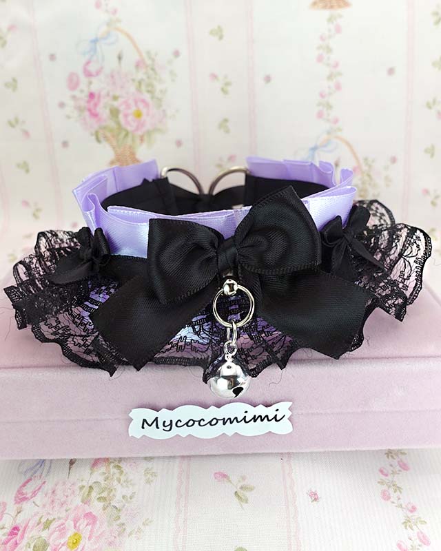 Lilac Purple Kitten Play Collar Bell • Black Lace Ruffles Bow Choker • Kawaii Goth Necklace - Image 3