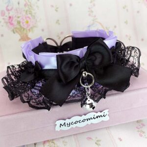 Lilac Purple Kitten Play Collar Bell • Black Lace Ruffles Bow Choker • Kawaii Goth Necklace