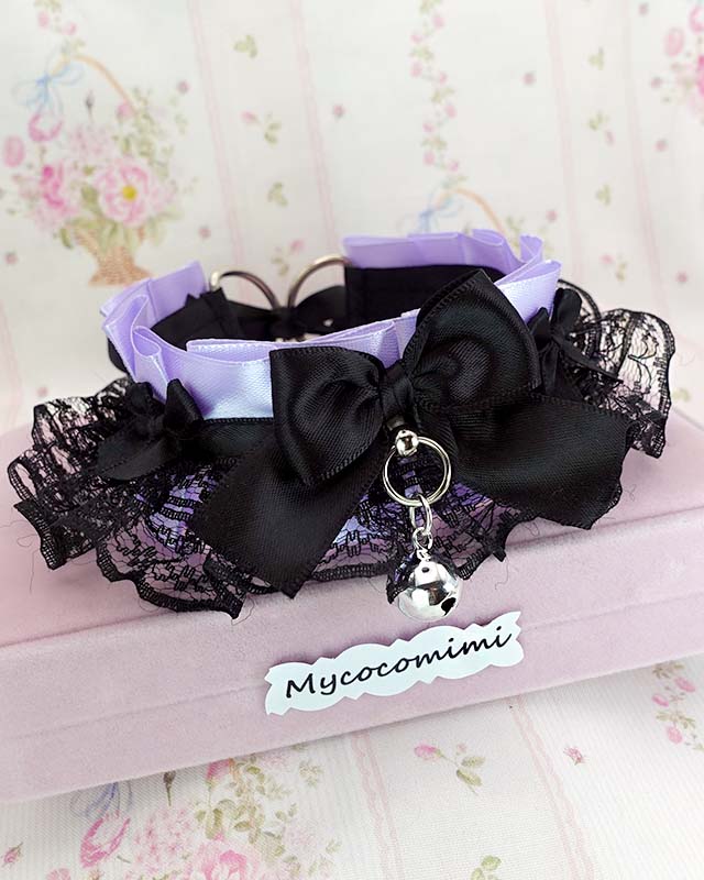 Lilac Purple Kitten Play Collar Bell • Black Lace Ruffles Bow Choker • Kawaii Goth Necklace