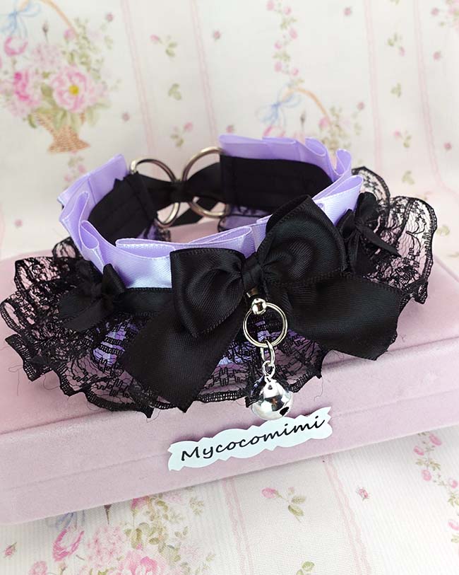 Lilac Purple Kitten Play Collar Bell • Black Lace Ruffles Bow Choker • Kawaii Goth Necklace - Image 5