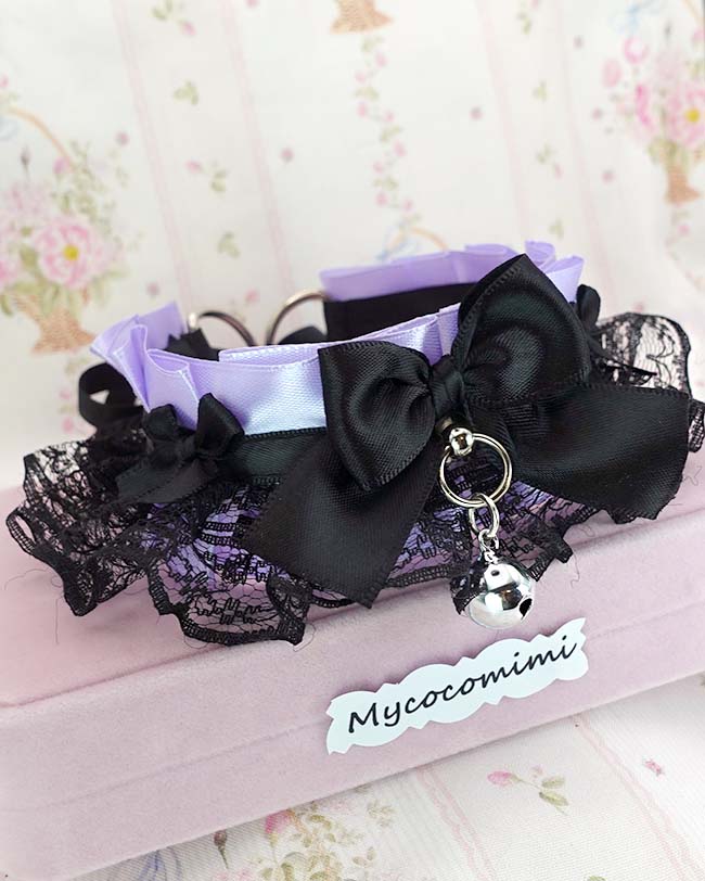 Lilac Purple Kitten Play Collar Bell • Black Lace Ruffles Bow Choker • Kawaii Goth Necklace - Image 2