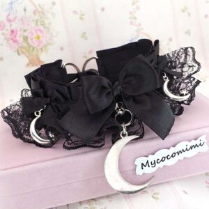 All Black Kitten Play Collar Crescent Moon • Black Lace Ruffles Bow Choker • Whimsy Goth Necklace