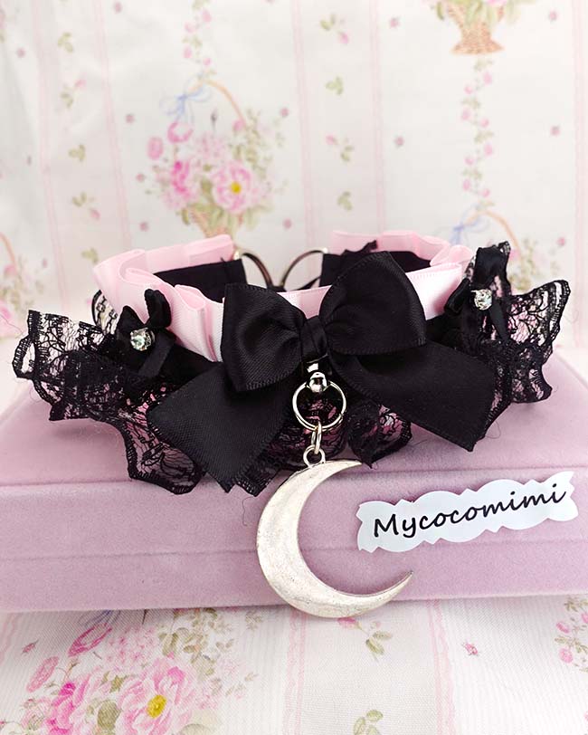 Pink Black Lace Ruffle Kitten Play Collar • Crescent Moon Choker • Rhinestone Bow Kawaii Goth - Image 2