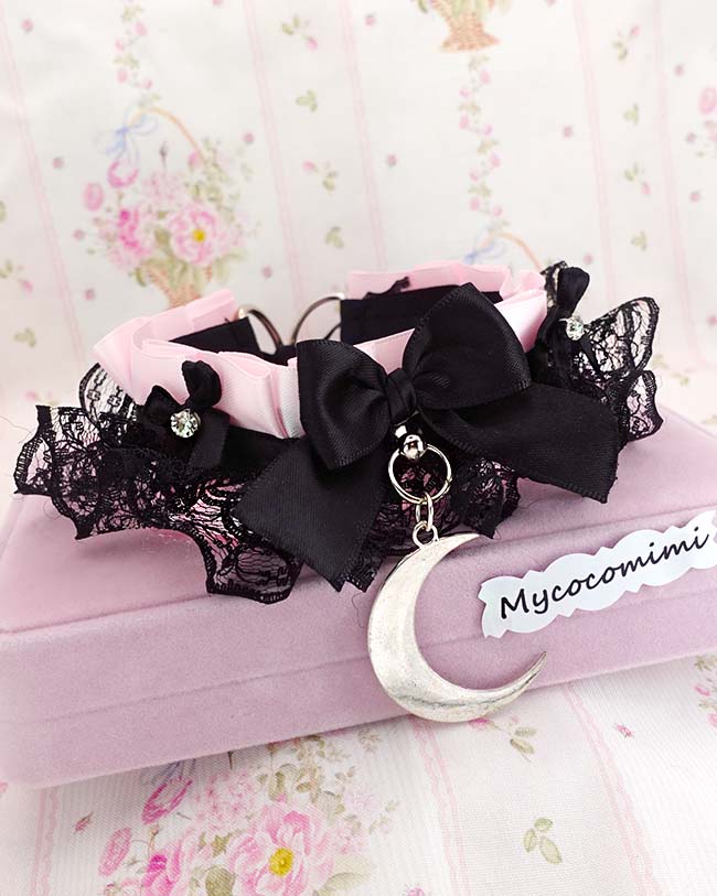 Pink Black Lace Ruffle Kitten Play Collar • Crescent Moon Choker • Rhinestone Bow Kawaii Goth - Image 3