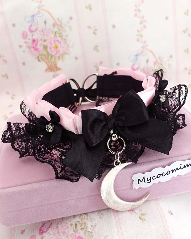 Pink Black Lace Ruffle Kitten Play Collar • Crescent Moon Choker • Rhinestone Bow Kawaii Goth