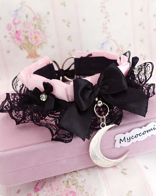 Pink Black Lace Ruffle Kitten Play Collar • Crescent Moon Choker • Rhinestone Bow Kawaii Goth - Image 5