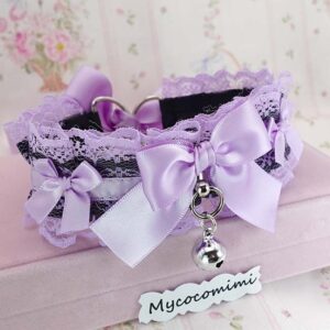 Lilac Purple Lace Black Choker Necklace Kitten Play Collar bow and bell, pastel alternative jewellery