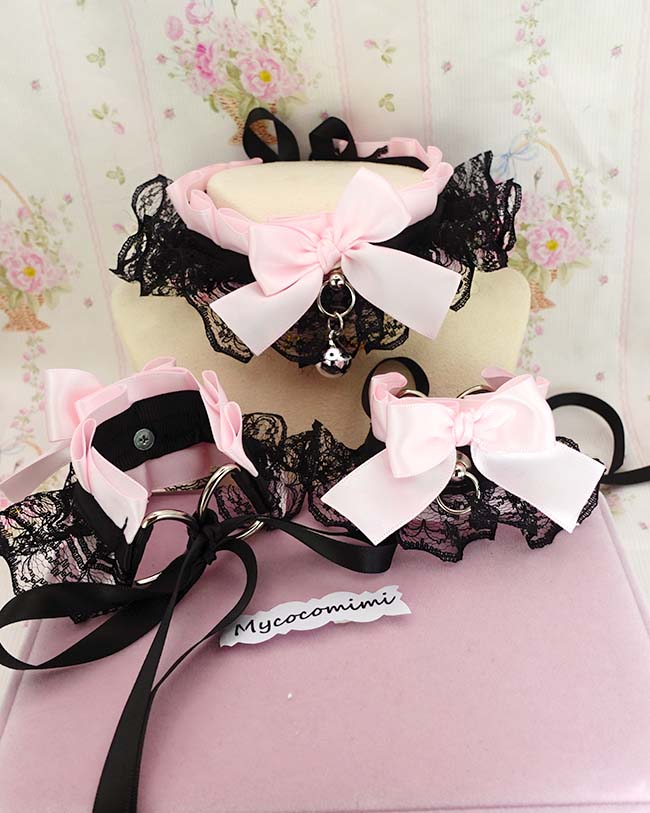 Collar and Wrist Cuffs Set ,Baby Pink Bow Black Lace Ruffles Kitten Pet Play Choker, Cute Alternative accessoreis - Image 2