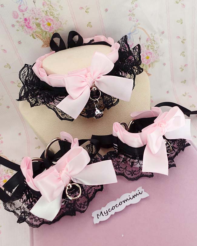 Collar and Wrist Cuffs Set ,Baby Pink Bow Black Lace Ruffles Kitten Pet Play Choker, Cute Alternative accessoreis - Image 3