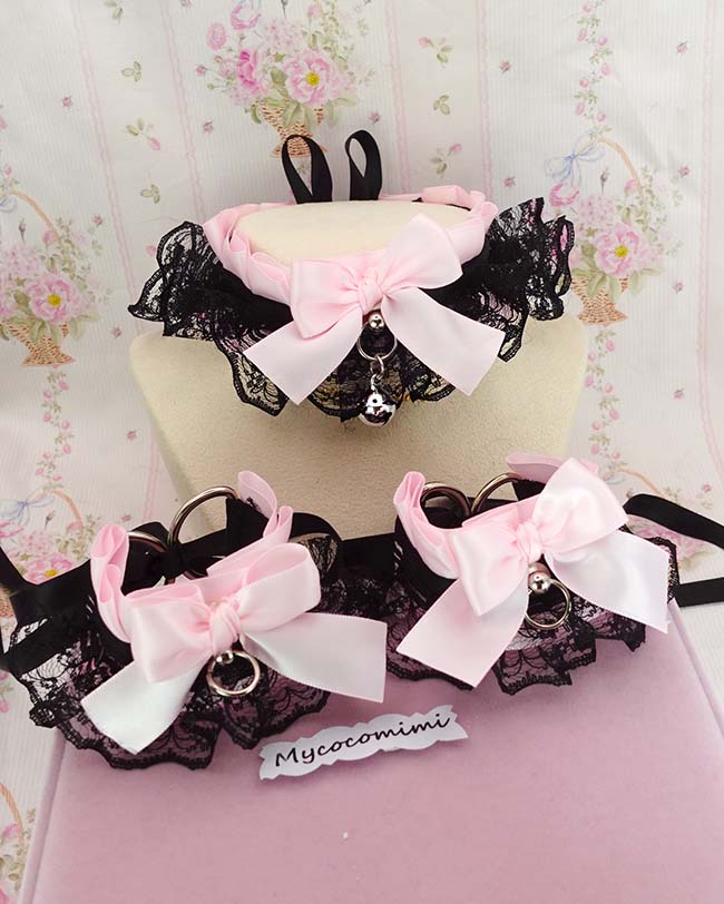 Collar and Wrist Cuffs Set ,Baby Pink Bow Black Lace Ruffles Kitten Pet Play Choker, Cute Alternative accessoreis - Image 4