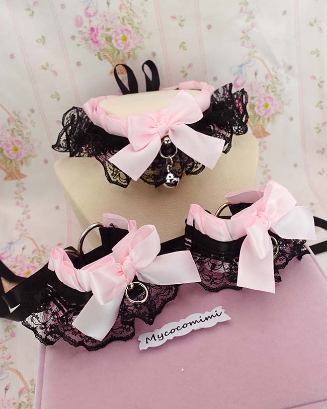 Collar and Wrist Cuffs Set ,Baby Pink Bow Black Lace Ruffles Kitten Pet Play Choker, Cute Alternative accessoreis - Image 5