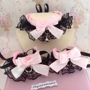 Collar and Wrist Cuffs Set ,Baby Pink Bow Black Lace Ruffles Kitten Pet Play Choker, Cute Alternative accessoreis