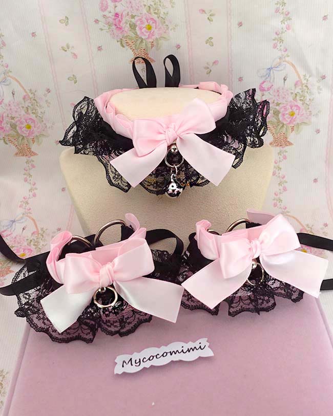 Collar and Wrist Cuffs Set ,Baby Pink Bow Black Lace Ruffles Kitten Pet Play Choker, Cute Alternative accessoreis