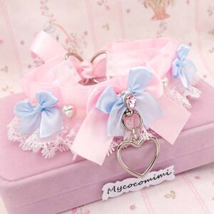 Pink Kitten Play Collar | Light Blue Bow Lace Choker | Princess Heart Pendant O Ring Necklace | Kawaii Pastel Goth Coquette Jewelry Gift
